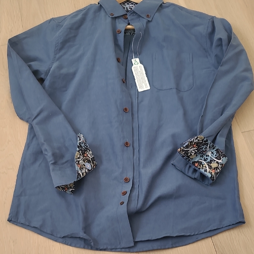 NEW rue SAINT PATRICK Montreal..Blue Button-Up Shirt with Patterned Cuffs